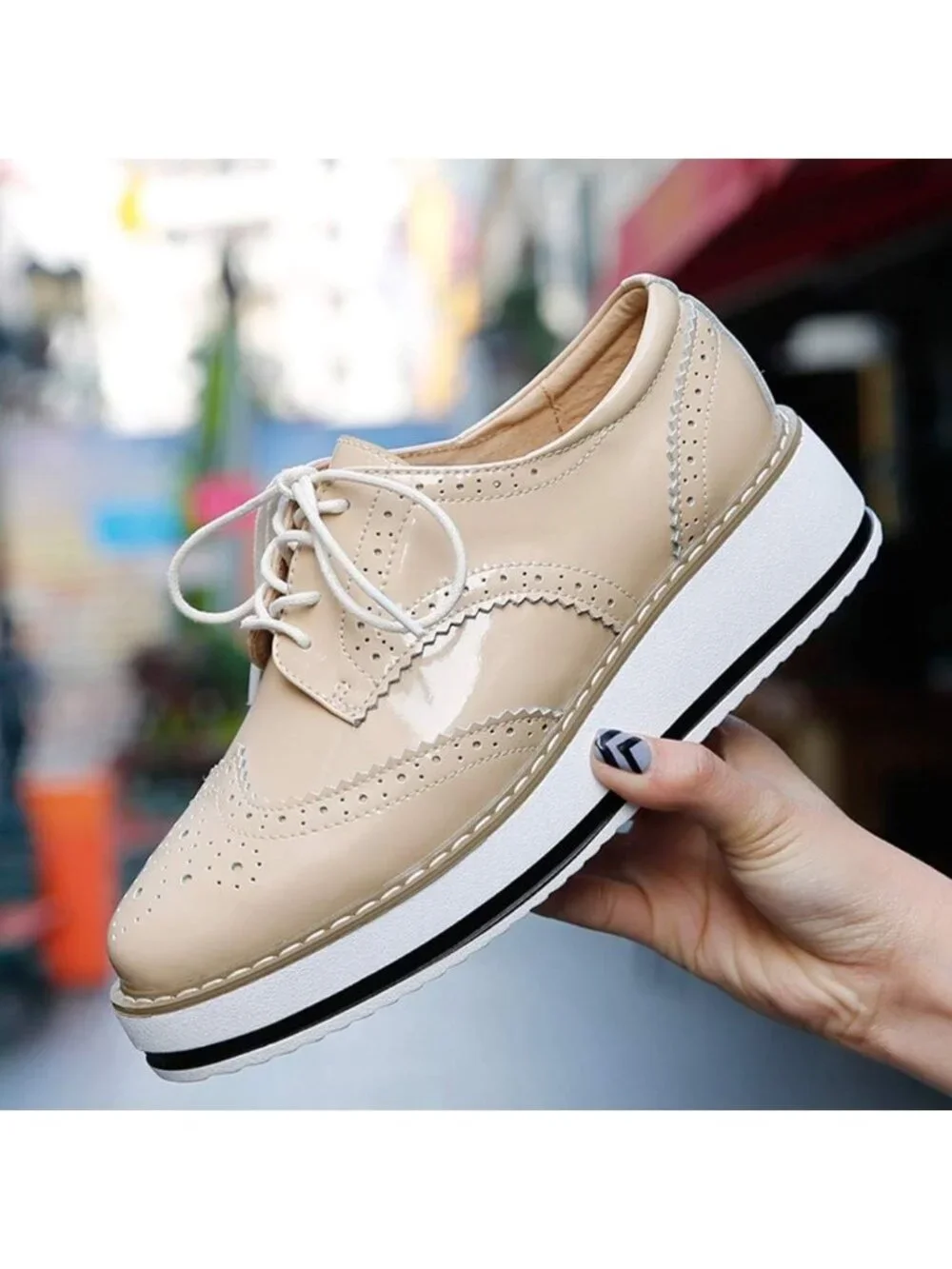 Women's Apricot Round Toe Lace Up Leather Oxford Shoes Wingtip White Platform